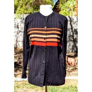 VTG Adolfo Striped Lamb's Wool/Acrylic Cardigan Sweater w/Pockets Button-Up EUC
